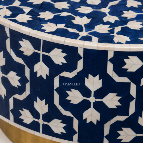 Navy Blue Star & Lotus Bone Inlay Round Coffee Table with Brass Base