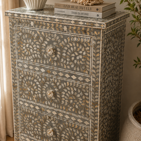 Bone Inlay Floral Slim Tallboy Chest – Grey