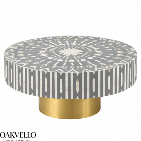 Floral Geometric Bone Inlay Coffee Table| Handcrafted Artisan Living Room Centre Table – Oakvello