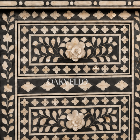 Charcoal Floral Vine Bone Inlay Bedside Table with Three Drawers
