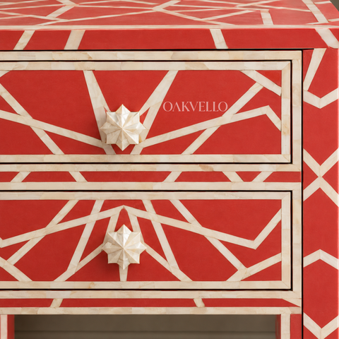 Bone Inlay 2-Drawer Nightstand – Coral Red Trellis & Geometric Pattern