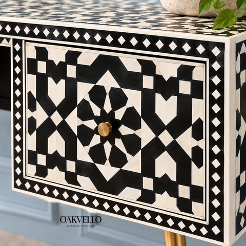 Ajmeri Black Bone Inlay Console Desk with 2 Drawers – Oakvello