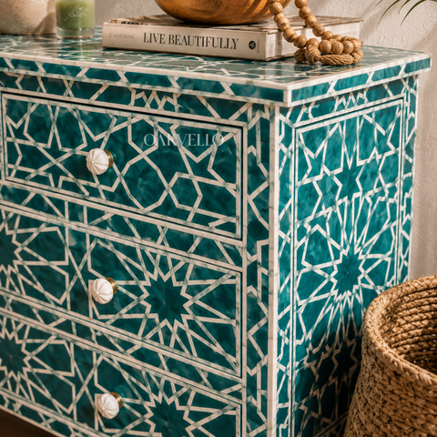 Teal Geometric Bone Inlay 4-Drawer Chest of Drawers