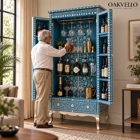 Teal Bone Inlay Glass-Door Bar Cabinet with Cabriole Legs