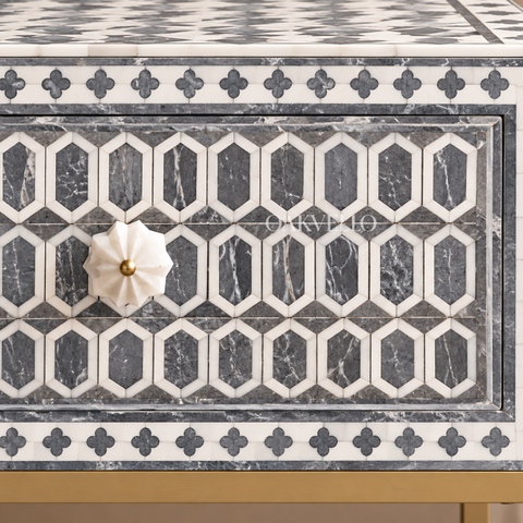 Bone Inlay Geometric Single Drawer Bedside Table with Gold Metal Legs – Grey & White