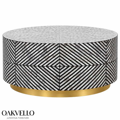 Monochrome Luxe Round Bone Inlay Coffee Table | Handcrafted Artisan Living Room Furniture – Oakvello