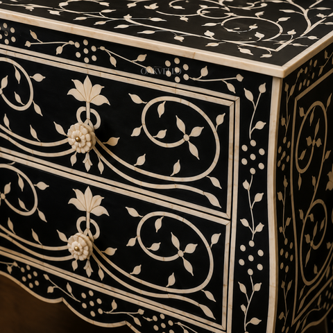 Black Floral Scroll Bone Inlay Bedside Table