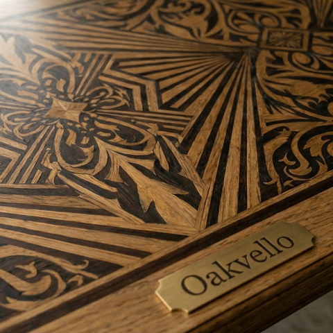 Mandala Anchor Teak Wood Dining Table | Marquetry Trestle Design – Oakvello