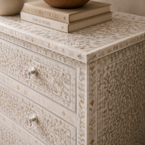 Bone Inlay Floral 7-Drawer Wide Dresser – White