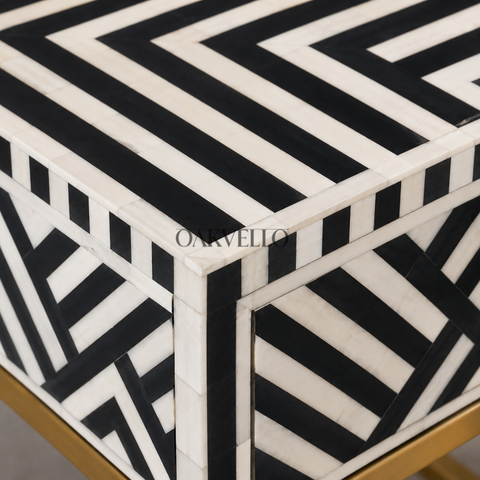 Noir Lattice Bone Inlay Bedside Table with Gold Frame