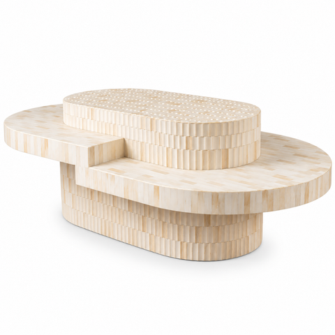 Handcrafted Bone Inlay Oval Coffee Table with Layered Sculptural Design