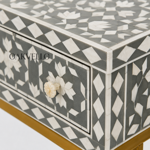 Bone Inlay Floral Medallion 3-Drawer Console Table – Sage Green & White
