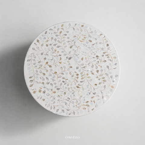 Pearl White Trailing Vine Shell Inlay Round Drum Side Table