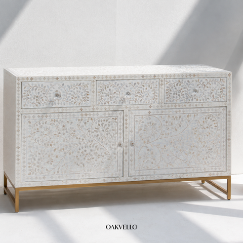 Shell Inlay Floral 4-Door Sideboard – Ivory White