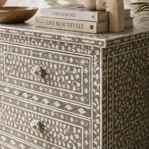 Grey Floral Bone Inlay 4-Drawer Chest of Drawers