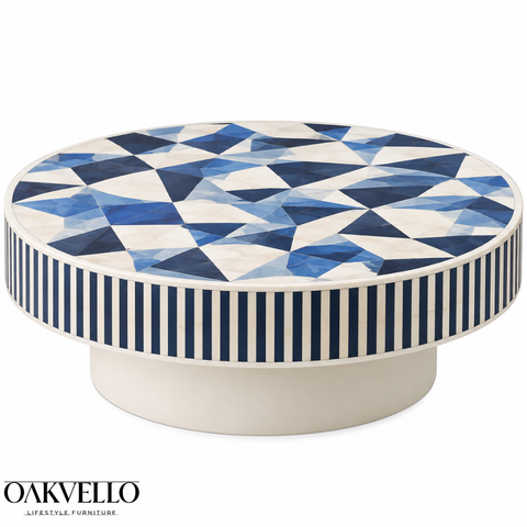 Navy Mosaic Round Bone Inlay Coffee Table| Handcrafted Artisan Living Room Centre Table – Oakvello