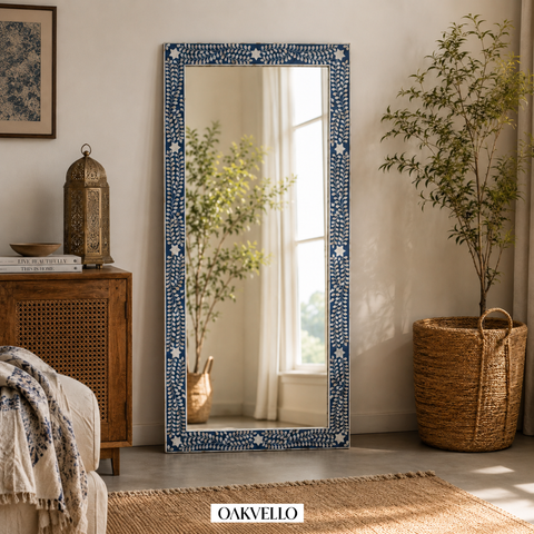 Bone Inlay Full Length Floor Mirror – Navy Blue Floral & Star Pattern
