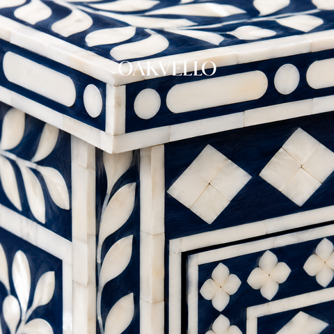 Indigo Garden Floral & Diamond Bone Inlay 3-Drawer Bedside Table