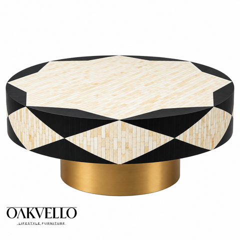 Noir Geometric Bone Inlay Coffee Table| Handcrafted Artisan Living Room Centre Table – Oakvello