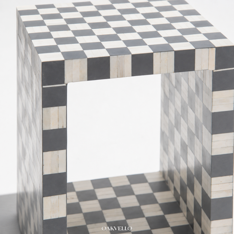 Checkerboard Bone Inlay Open Shelf Side Table