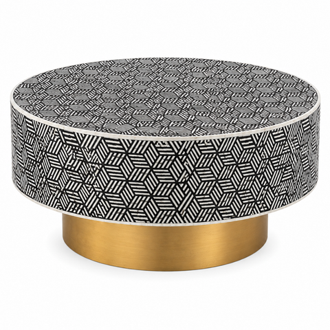 Round Bone Inlay Geometric Diamond Coffee Table | Black & White | 90cm