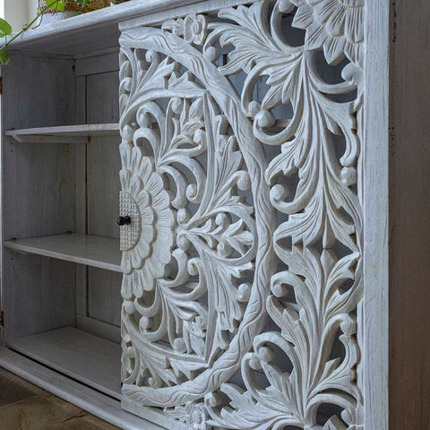White Carved Solid Wood Sideboard | Artisan Living Room Storage – Oakvello