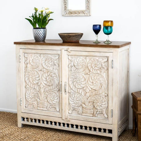 Persia White Solid Wood Sideboard | Living Room Storage Cabinet – Oakvello