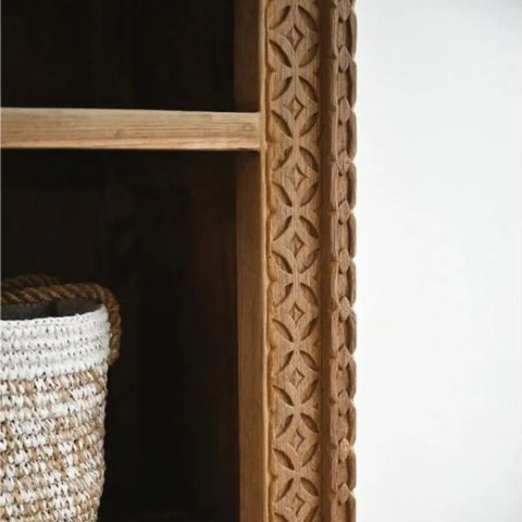 Hand Carved Solid Wood Storage Bookshelf with 3 Shelves | Living Room Display – Oakvello