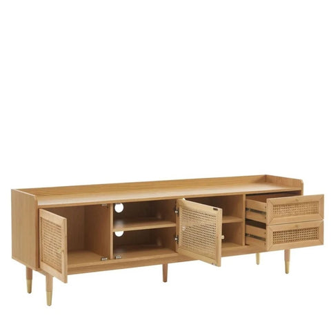 Solid Wood & Cane TV Cabinet | 2 Doors & 2 Drawers Media Console – Oakvello