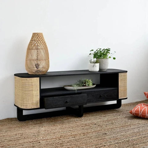 Solid Wood TV Unit with Cane Work | Boho Media Console & Living Room Storage – Oakvello