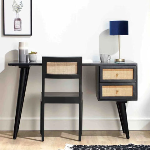 Rattan & Solid Wood Study Table | Boho Home Office Writing Desk – Oakvello