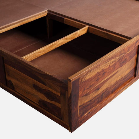 Teak Finish Solid Sheesham Wood Bed with Box Storage | Bedroom Furniture – Oakvello