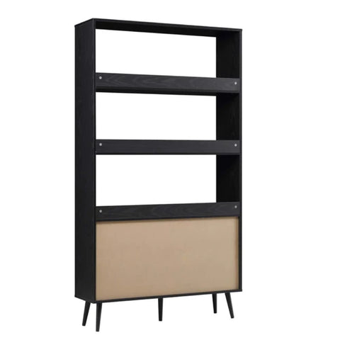 Ajmeri Black Rattan Solid Wood Bookshelf | Boho Living Room Storage – Oakvello