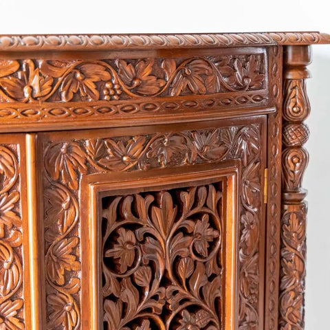 Floral Carved Solid Teak Wood Sideboard | Traditional Luxurious Living Room Storage – Oakvello