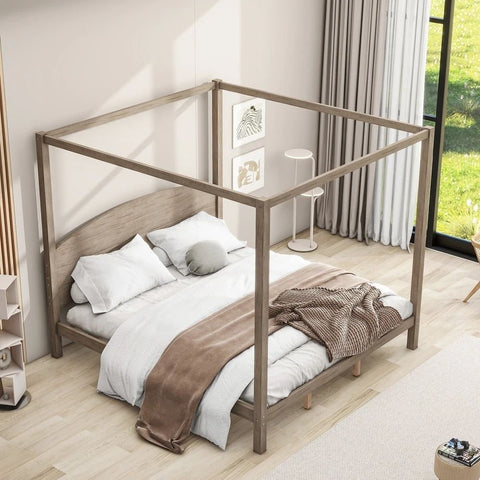 Modern Brown King Size Platform Bed with Headboard | Solid Wood Bedroom Furniture – Oakvello
