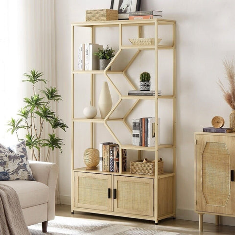 7-Tier Solid Wood Bookshelf with Cabinet | Living Room Display & Storage – Oakvello