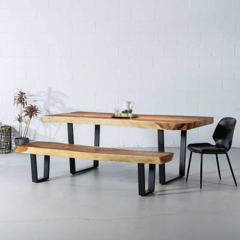 Live Edge Suar Wood Table | Natural Finish with Black U-Shaped Legs – Oakvello