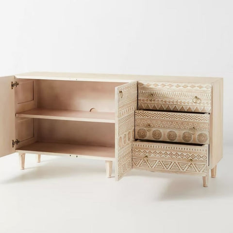 Carved Solid Mango Wood Sideboard | Handcrafted Living Room Storage – Oakvello