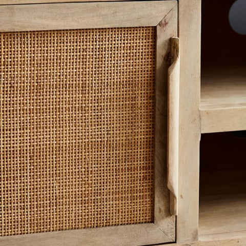 Rattan Webbed Solid Wood TV Unit | Boho Media Console & Living Room Storage – Oakvello
