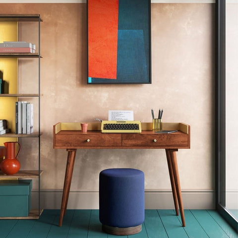 Retro Gold Trimmed Solid Wood Study Desk | Home Office Writing Table – Oakvello
