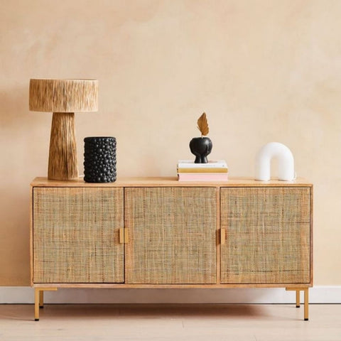 Rattan Webbed Large Solid Wood Sideboard | Boho Living Room Storage – Oakvello