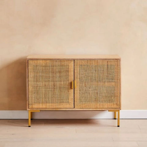 Rattan Webbed Solid Wood Sideboard | Boho Living Room Storage Cabinet – Oakvello
