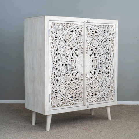 Hand Carved Mandala Solid Wood Cabinet | Artisan Storage Furniture – Oakvello