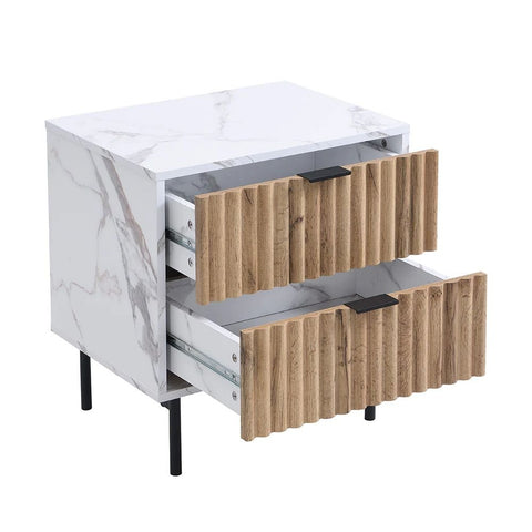 Marble Effect 2-Drawer Bedside Table | Solid Wood Luxury Nightstand – Oakvello