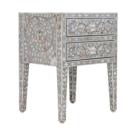 Jaipuri Floral Mother of Pearl 2-Drawer Bedside Table | Handcrafted Nightstand – Oakvello
