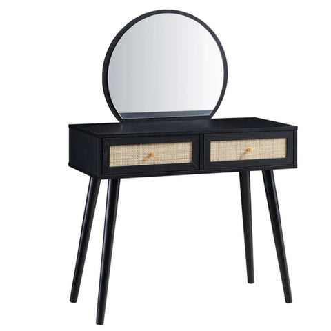 Black Rattan Dressing Table with Mirror | Boho Bedroom Vanity Furniture – Oakvello