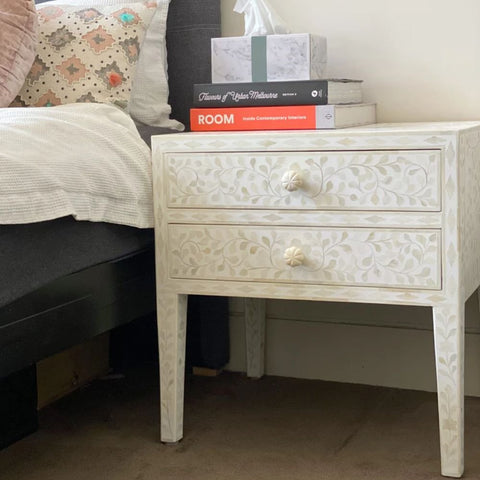 Jaipuri White Floral Bone Inlay 2-Drawer Bedside Table | Handcrafted Nightstand – Oakvello