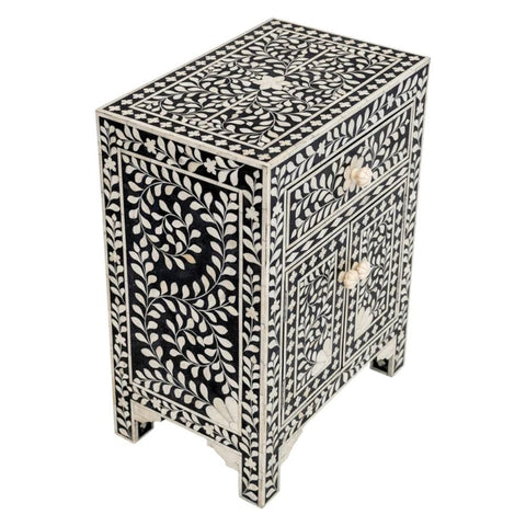 Ajmeri Black Floral Bone Inlay Bedside Table with Cabinet – Oakvello
