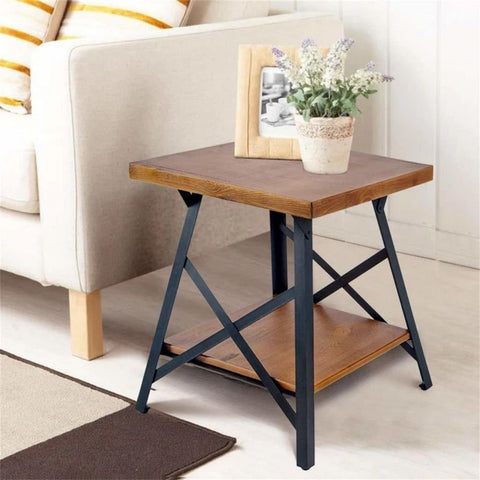 Solid Wood Top & Metal Base Side Table | Industrial Living Room Accent – Oakvello