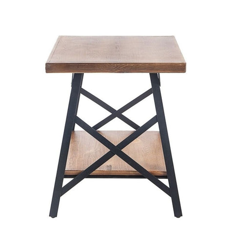 Solid Wood Top & Metal Base Side Table | Industrial Living Room Accent – Oakvello